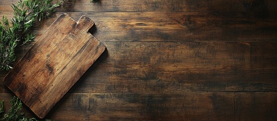 Poster - Wooden cutting board with rustic background and greenery top view mockup for culinary and home decor presentations