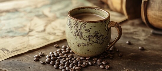 Poster - Coffee cup and beans on rustic table with vintage map background creating a warm inviting atmosphere for coffee lovers and travelers.