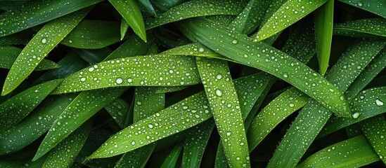 Poster - Dew Drops on Lush Green Grass Leaves Capturing Nature's Serenity and Refreshing Beauty