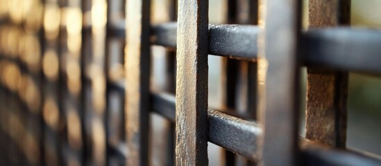 Poster - Close-up of textured steel grating used in modern fencing design showcasing lines and reflections in soft natural light.