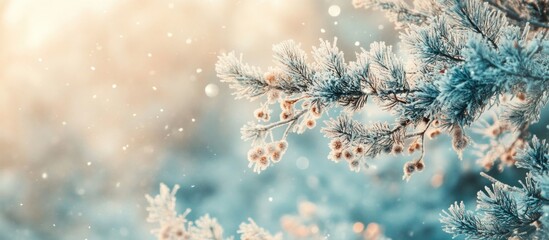 Wall Mural - Winter forest scene with frosty branches and dreamy bokeh effect illuminated by soft sunlight creating a serene and magical atmosphere.