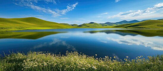 Poster - Serene reflection of lush green hills and a clear blue sky over a tranquil lake in Artvin, showcasing nature's beauty and harmony.