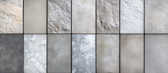 Aufkleber - Textured concrete wall tiles featuring a variety of water traces and surface patterns in multiple shades of gray and blue.