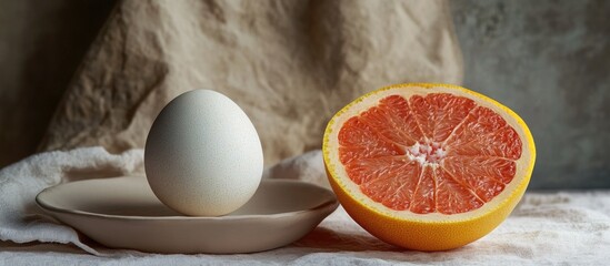 Poster - Still life featuring a halved grapefruit next to a ceramic egg on a neutral table setting with textured fabric background.