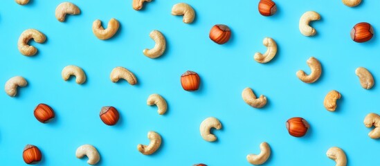 Poster - Nuts Flat Lay Composition on Blue Background Featuring Hazelnuts Cashews and Almonds for Healthy Eating and Food Decoration Concepts