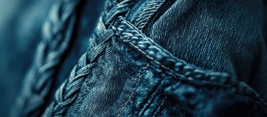 Poster - Close-up of textured denim fabric showcasing intricate stitching on a jacket collar highlighting craftsmanship and material details.