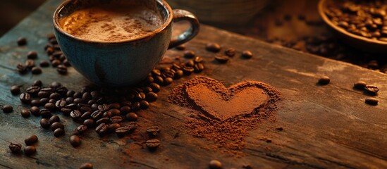 Aufkleber - Cup of Coffee with Heart Shape Made of Coffee Beans on Rustic Wooden Table Background