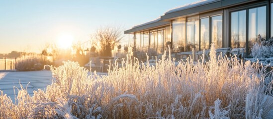 Poster - Frosty plants illuminated by sunlight creating a serene winter landscape at sunrise with a warm glow against the crisp air