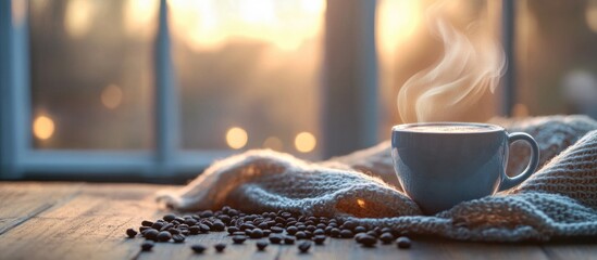 Poster - Warm cup of coffee on wooden table with scattered coffee beans and soft blanket illuminated by morning sunlight through window.