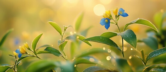 Fototapete - Vibrant Commelina benghalensis flowers captured in nature with soft bokeh lighting and dew-kissed leaves showcasing natural beauty.