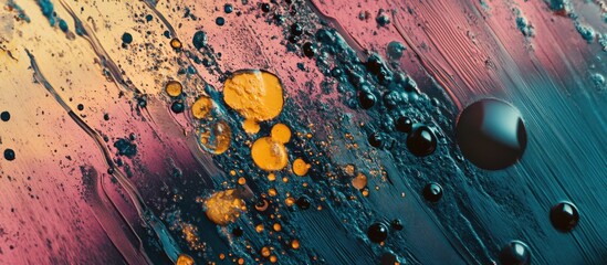 Poster - Abstract Colorful Fluid Art with Metallic Accents and Bubbles on Canvas Background Suitable for Contemporary Design and Creative Projects