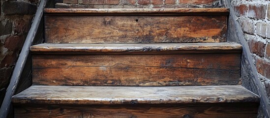 Poster - Close-up of rustic wooden staircase steps against a weathered brick wall showcasing texture and craftsmanship.