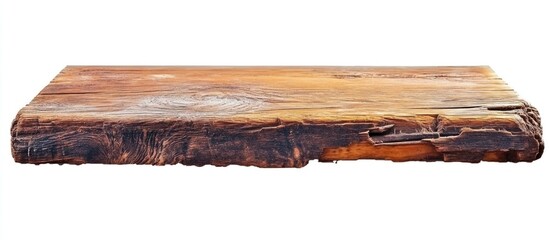 Poster - Weathered wooden tabletop with a damaged corner isolated on white background, ideal for showcasing text or product imagery.