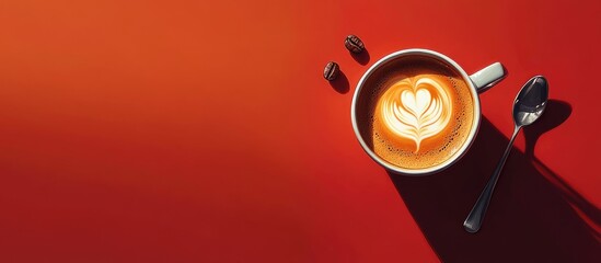 Poster - Cup of coffee with latte art on a vibrant red background showcasing warmth and comfort in a minimalist setting