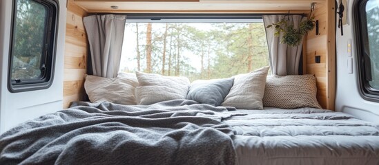 Poster - Cozy micro camper interior featuring a double bed with gray blanket and pillows surrounded by nature and natural light