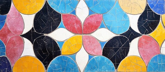  - Colorful mosaic tile wall design featuring vibrant patterns and a blank space ideal for customizable text or branding.