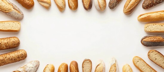 Poster - Assorted sliced baguette varieties arranged on a white background creating a decorative food frame with ample copy space for text.