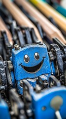 Poster - Happy blue robot amidst machinery, workshop background, industrial concept