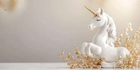 Wall Mural - Elegant Porcelain Unicorn Figurine with Golden Accents on a Table Display Surrounded by Decorative Dried Flowers and Copy Space for Text