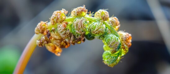 Wall Mural - New Stock Image Title: Close-up of vibrant green fern shoots emerging from a delicate curled frond in natural light