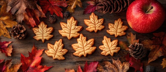 Wall Mural - Autumn themed cookies shaped like maple leaves with red apple and pine cones on a rustic wooden background capturing fall essence and warmth