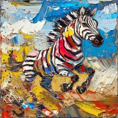 Fototapete - Zebra running across the Serengeti captured in abstract expressionism Fluid paint and thick impasto strokes create sharp edges with vibrant 3D liquid shapes bringing the scene to life