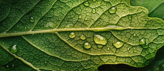 Wall Mural - Macro Photograph of Water Droplets on a Green Leaf Highlighting Nature's Beauty and Intricate Details