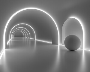 Poster - Illuminated archway tunnel; sphere; reflective floor; futuristic background; abstract design