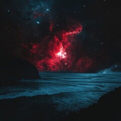 deep black sky featuring a glowing red nebula with zen papaya elements in an astrophotography image