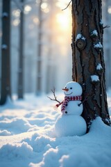 Wall Mural - snowy forest landscape with a small snowman peeking out from behind a tree trunk, frosty,