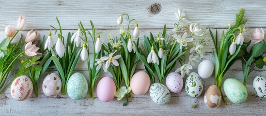 Wall Mural - Easter flatlay featuring snowdrops and pastel eggs arranged on a rustic wooden background for festive spring decor.