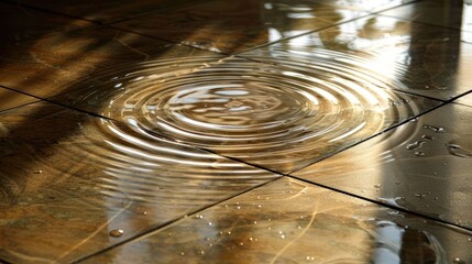 Poster - Close-up of rippling water on a glossy tiled floor reflecting warm sunlight in a serene indoor setting