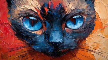 Fototapete - Abstract expressionism of Siamese cat in bold pastels its form shaped by fluid paint and thick oils The sharp edges and intricate impasto textures fill the full canvas in a mesmerizing composition