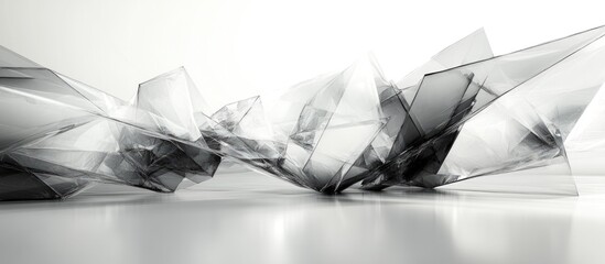 Poster - Abstract architectural composition in black and white featuring glass and steel elements with dynamic shapes and reflections.
