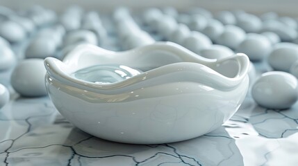 Aufkleber - Elegant white ceramic bowl with water, surrounded by smooth white spheres on a reflective surface