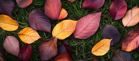 Wall Mural - Vibrant fallen autumn leaves scattered on lush green grass creating a colorful nature backdrop in a seasonal setting