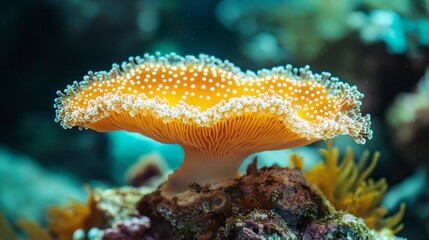 Poster - A stunning coral mushroom displays its vibrant orange hue while surrounded by a diverse array of marine flora and fauna. Sunlight filters through the water, enhancing the delicate textures