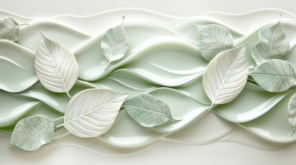 Aufkleber - Elegant design featuring flowing green and white leaves in a serene, textured background