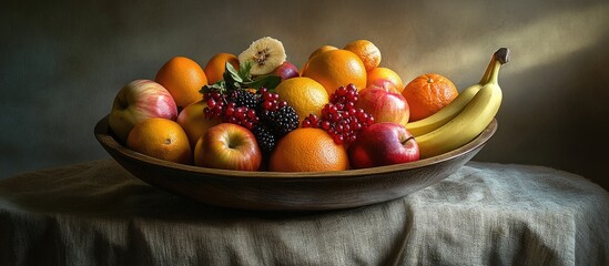 Wall Mural - Colorful assortment of fresh fruits in a rustic bowl elegantly arranged on a textured tablecloth in soft natural light.