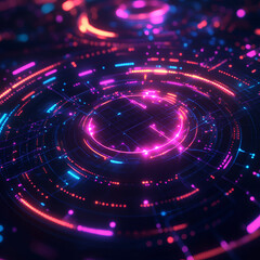 Poster - Abstract Futuristic Technology: A mesmerizing abstract digital art rendering depicts a vibrant and futuristic tech landscape. The mesmerizing blend of glowing pink, blue.