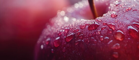 Wall Mural - Fresh and Dewy Red Apple Close-Up with Water Droplets for Food Texture and Culinary Presentation