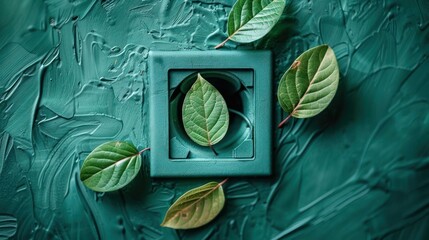Poster - Green leaves arranged around a decorative vent cover on a textured teal background