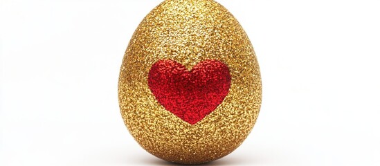 Wall Mural - Golden glitter Easter egg adorned with a red heart on a white background for festive holiday decoration and celebration themes.