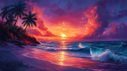 Poster - Abstract expressionism of Tahitian sunset fluid art and sharp edges shaping palm trees and ocean waves Thick paint creates a surreal view of the beach glowing with vibrant colors