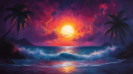 Fototapete - Abstract expressionism of Tahitian sunset fluid art and sharp edges shaping palm trees and ocean waves Thick paint creates a surreal view of the beach glowing with vibrant colors