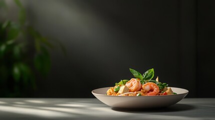 Wall Mural - A beautifully arranged plate of shrimp and vegetables, set against a dimly lit background, emphasizing the freshness and colors of the dish.