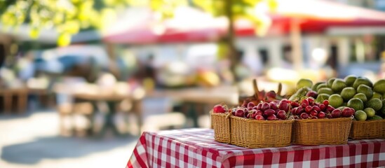 Wall Mural - Farmers Market Displaying Fresh Local Produce with Scenic Background and Space for Custom Text