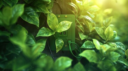 Poster - Green power outlet surrounded by lush foliage, symbolizing eco-friendly energy solutions