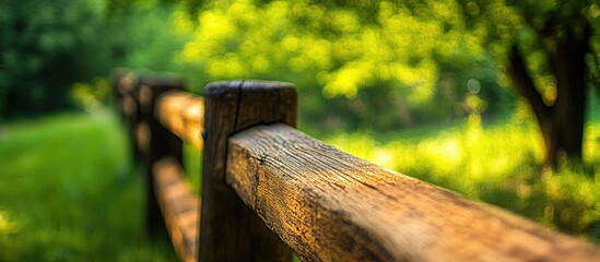 Wall Mural - Close-up of a rustic wooden fence highlighting textures and natural greenery in a serene outdoor setting