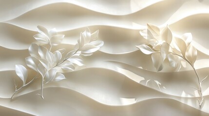 Aufkleber - Elegant white leaves on flowing fabric, creating a serene atmosphere in a softly lit environment